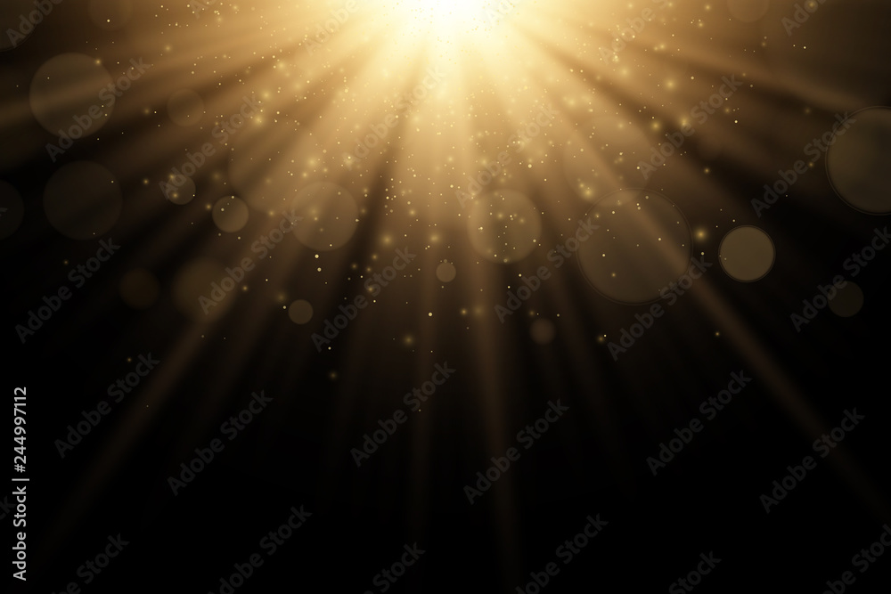 Stylish gold light effect isolated on a black background. Golden rays. Bright explosion. Flying golden magical dust. Sunlight. Abstract lights bokeh. Vector illustration