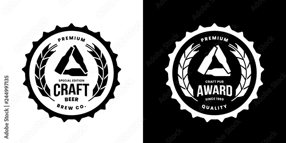 Modern craft beer drink isolated vector logo sign for bar, pub, store, brewhouse or brewery. Premium quality bottle emblem logotype illustration set. Brewing award fashion t-shirt badge design bundle.