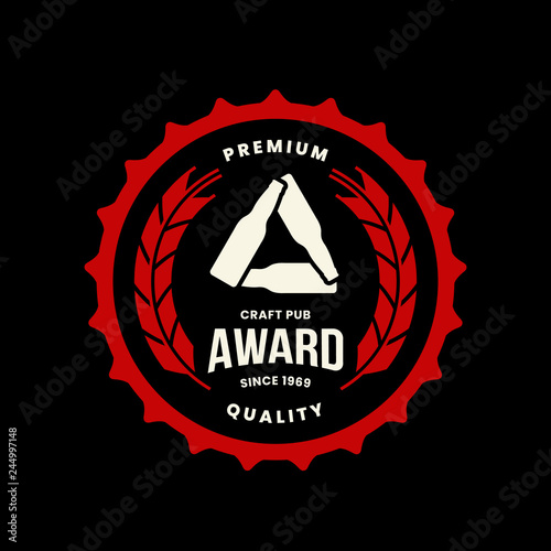 Modern craft beer drink vector logo sign for bar, pub, store, brewhouse or brewery isolated on black background. Premium quality bottle logotype illustration. Brewing award fashion t-shirt badge desig