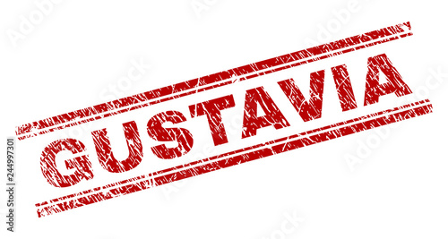 GUSTAVIA seal print with grunge texture. Red vector rubber print of GUSTAVIA text with unclean texture. Text label is placed between double parallel lines.