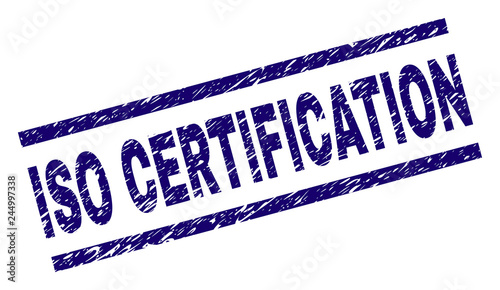 ISO CERTIFICATION seal print with grunge style. Blue vector rubber print of ISO CERTIFICATION title with unclean texture. Text title is placed between parallel lines.