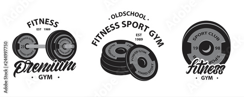 Set of bodybuilding , fitness emblems or logos with Weightlifting barbell,  sport discs for dumbbell. Premium .Gym. Vector illustration design. Vector illustration design.