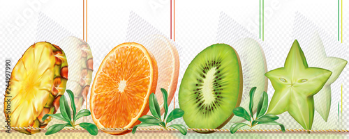 Mix slices tropical fruits on a transparent background