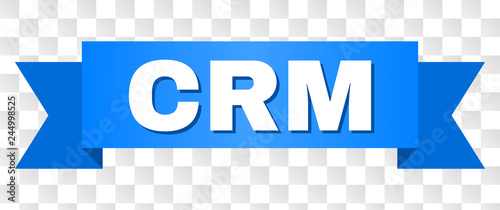 CRM text on a ribbon. Designed with white caption and blue stripe. Vector banner with CRM tag on a transparent background.
