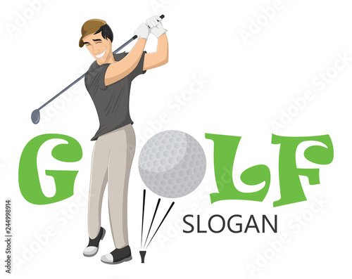 Funny vector illustration of happy golfer hitting the ball with a niblick. Professional golfer playing golf on the golf course. Concept of sport and physical activity, mascot, logo, print, t-shirt,