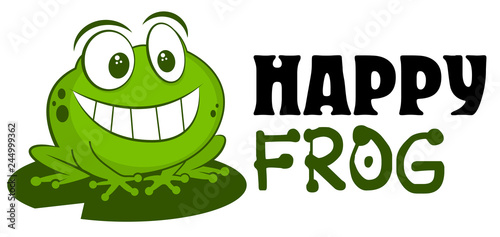 Frog logo mascot vector illustration. Cute funny cartoon hand drawn toad smiling isolated on white background and sitting on leaf. For children goods store logo insignia, kid clothes, prints, zoo.