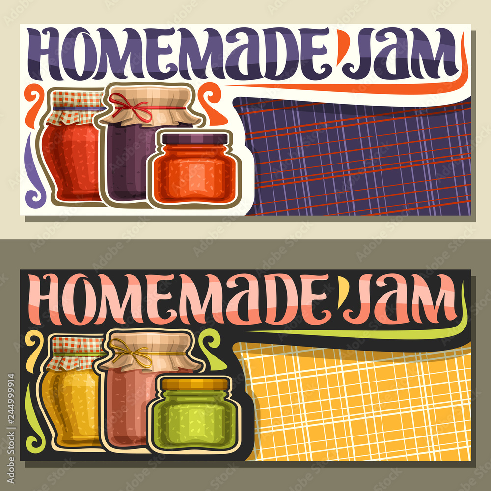 Φωτογραφία Vector banners for Homemade Jam with copy space, leaflet with 3 home made colorful glass jars covered checkered fabric and tied bow, brush lettering for words homemade jam, set of variety containers