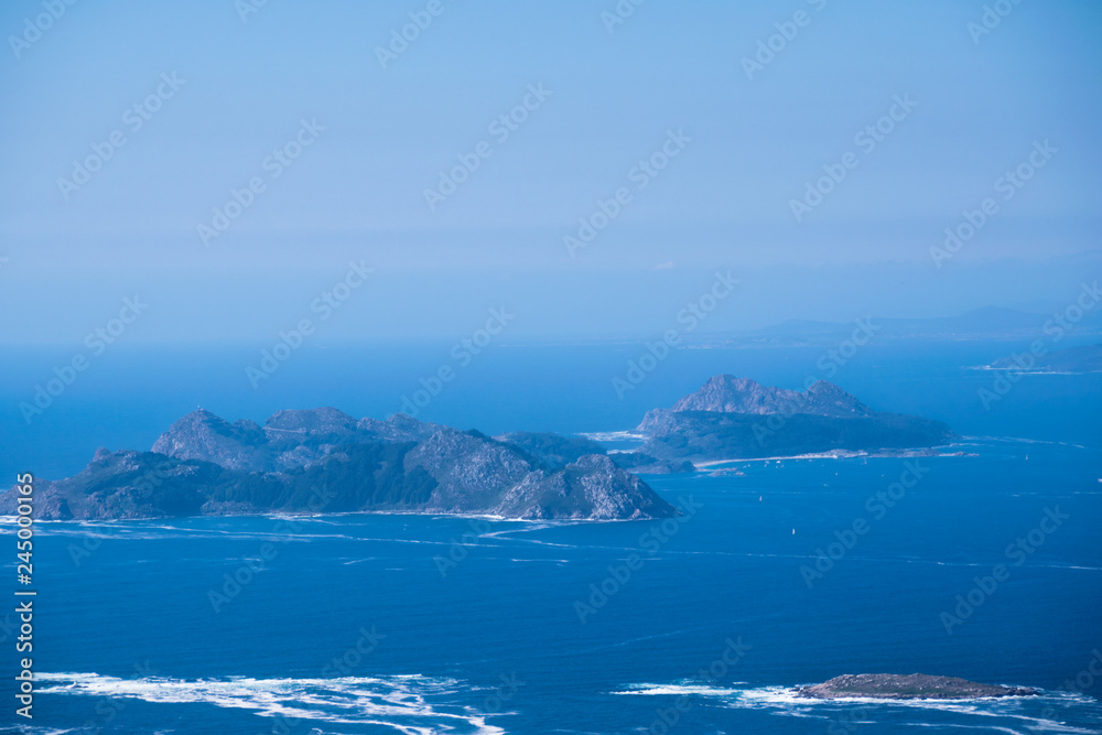 Aerial view of the Cies islands. The Cíes Islands are an archipelago off the coast of Pontevedra in Galicia (Spain)