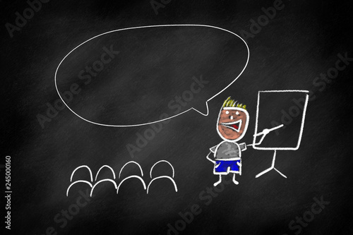 Stickman teaching an audience by showing at a board, chalkboard drawing