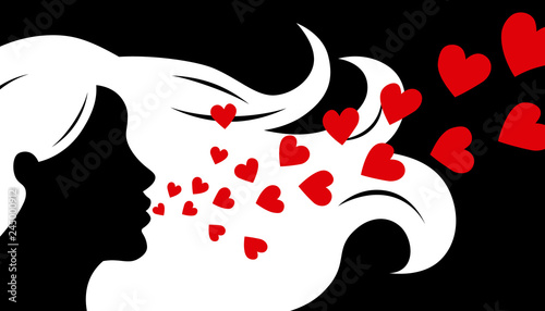 Love card. Silhouette face woman blowing hearts