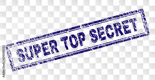 SUPER TOP SECRET stamp seal print with rubber print style and double framed rectangle shape. Stamp is placed on a transparent background.
