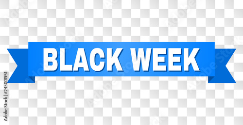 BLACK WEEK text on a ribbon. Designed with white caption and blue stripe. Vector banner with BLACK WEEK tag on a transparent background.