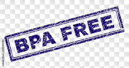 BPA FREE stamp seal print with rubber print style and double framed rectangle shape. Stamp is placed on a transparent background. Blue vector rubber print of BPA FREE title with unclean texture.