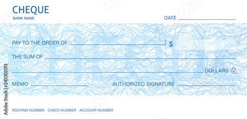Check, Cheque (Chequebook template). Guilloche pattern with abstract line watermark. Background hi detailed for banknote, money design, currency, bank note, Voucher, Gift certificate, Money coupon