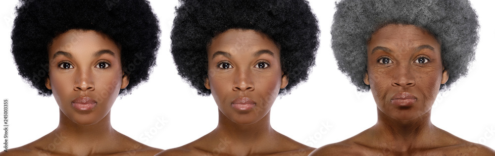 Comparison of young and elderly. African woman on white background. Comparison of young and elderly. African woman on white background.