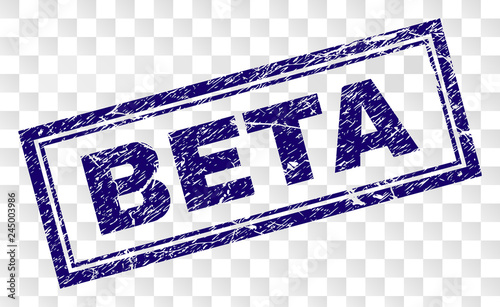 BETA stamp seal watermark with rubber print style and double framed rectangle shape. Stamp is placed on a transparent background. Blue vector rubber print of BETA tag with unclean texture.