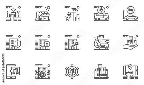 Smart City Line Icons Set. Intelligent Urbanism, Interactivity Of Urban Services, Electric Public Transport, Emissions Reduction. Editable Stroke. 48x48 Pixel Perfect.