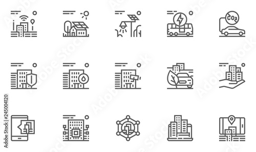 Smart City Line Icons Set. Intelligent Urbanism, Interactivity Of Urban Services, Electric Public Transport, Emissions Reduction. Editable Stroke. 48x48 Pixel Perfect.