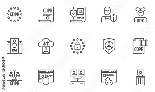 GDPR Line Icons Set. General Data Protection Regulation, Data Protection Officer, DPO. Collection, Processing, Storage and Deletion of Personal Data. Editable Stroke. 48x48 Pixel Perfect.
