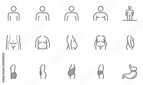 Obesity Vector Line Icons Set. Stages and Types of Obesity, Excess Weight, Localization of Body Fat. Editable Stroke. 48x48 Pixel Perfect.