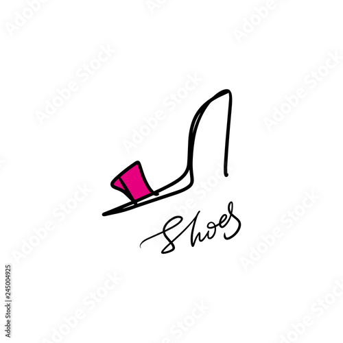 Hand drawn beautiful pink leather woman shoe with high heel