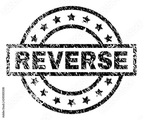 REVERSE stamp seal watermark with distress style. Designed with rectangle, circles and stars. Black vector rubber print of REVERSE caption with scratched texture.