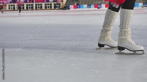 Closeup skating shoes ice skating outdoor at ice rink 4k