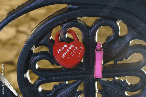 Door lock on the bridge, closed on the wedding day. The inscription (it's not brand it is words what people tell in the wedding day) 