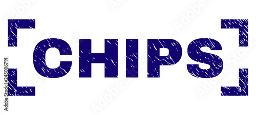 CHIPS tag seal print with corroded texture. Text label is placed inside corners. Blue vector rubber print of CHIPS with dust texture.