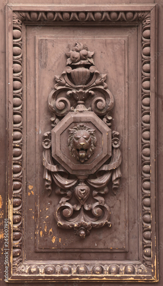 Lion depicted in the wooden relief