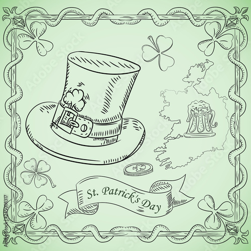 contour illustration coloring on the theme of St. Patricks day celebration, hat cylinder with clover
