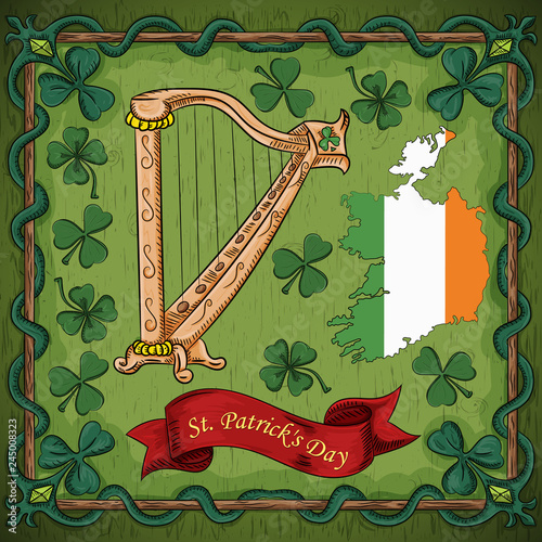 color illustration on the theme of St. Patricks day celebration, harp musical instrument