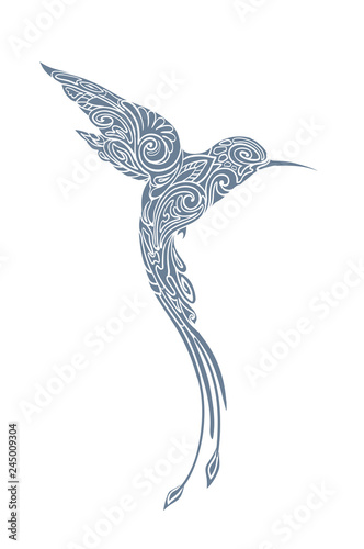 Stylized, monochrome hummingbird silhouette.