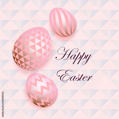 Golden eggs with geometric pattern, abstract pink ornament. Set of realistic eggs on a light background. Easter collection Vector Happy Easter symbols.