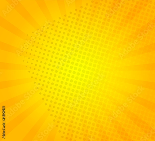 Sunburst on yellow background with dots. Template for your design, concept of hot summer. Radial sun rays.Vector illustration.
