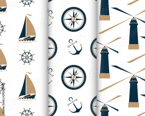 Set of marine seamless patterns with ship, anchor, nautical compass, lighthouse, captain's wheel