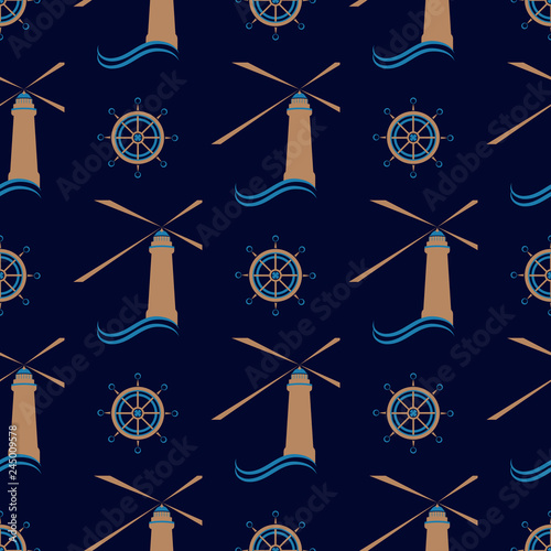 Marine seamless pattern with lighthouse and captain steering wheel