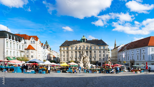 BRNO, CZECH REPUBLIC – OCT 31, 2018: Zelný trh or Zelňák square with Parnas Fountain in the old town of Brno - Moravia, Czech Republic