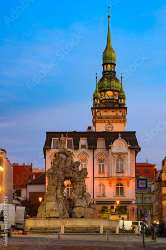 Parnas Fountain on Zelný trh or Zelňák square in the old town of Brno - Moravia, Czech Republic under blue twilight sky photo