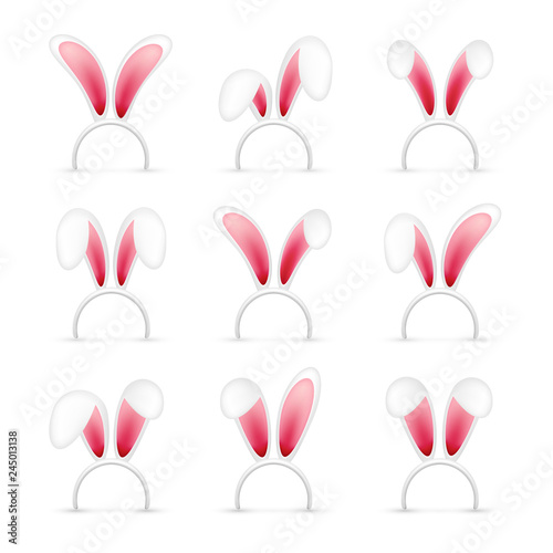 Easter bunny ears. Pink and white mask with rabbit ear. Spring seasonal cute hat. April, March holidays.