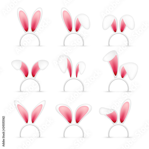 Easter bunny ears. Pink and white mask with rabbit ear. Spring seasonal cute hat. April, March holidays.