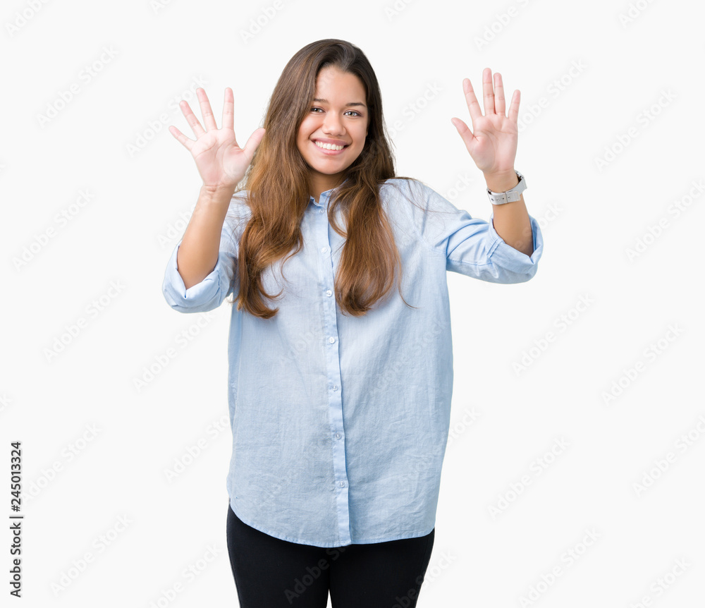 Young beautiful brunette business woman over isolated background showing and pointing up with fingers number ten while smiling confident and happy.