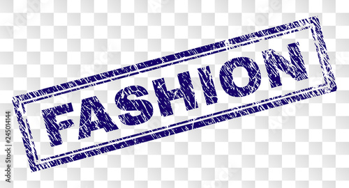 FASHION stamp seal print with rubber print style and double framed rectangle shape. Stamp is placed on a transparent background. Blue vector rubber print of FASHION tag with unclean texture.