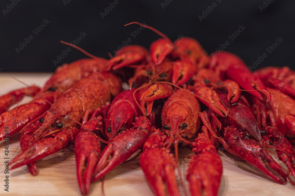 Boiled crayfish with dill on wooden background Boiled crayfish with dill on wooden background