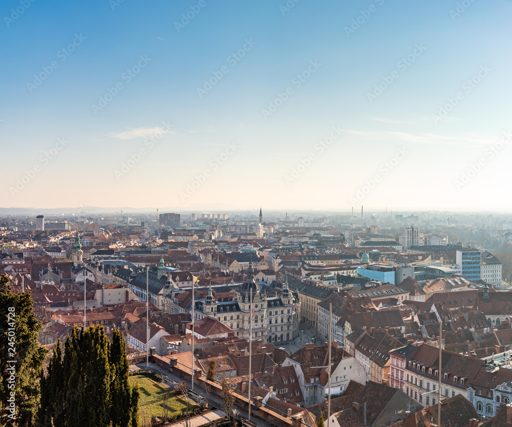 View of Graz City from castle hill Schlossberg, Travel destination.