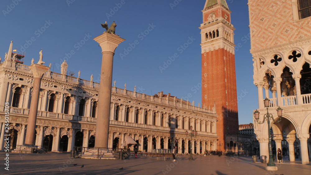 The Elegance of Venice Panorama at Sunrise with nobody and Golden Sun Light over the Grand Canal