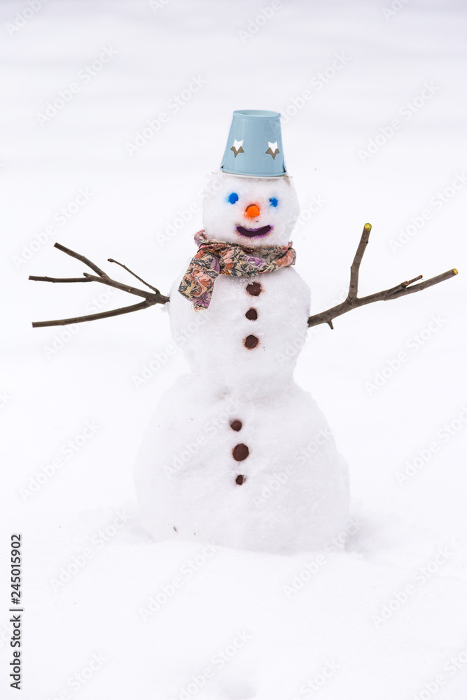 Obraz premium Snowman in the snow, at winter park.