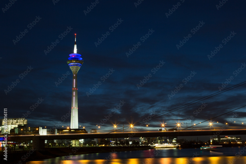View of the center of Dusseldorf and the TV tower in night, Germany
