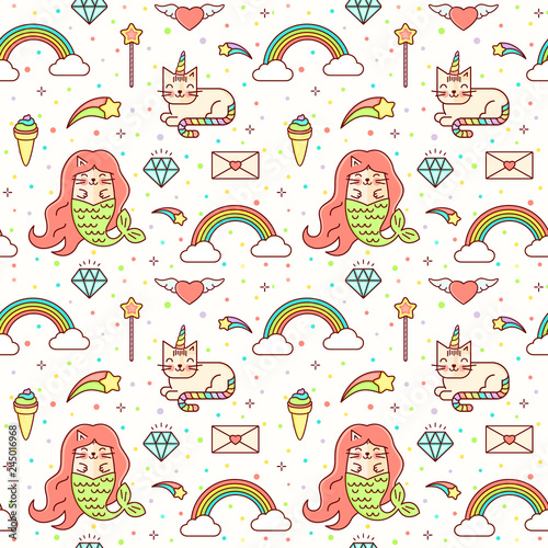 Vector kawaii seamless magic baby background with unicorn, mermaid, star, diamond, catcorn, cloud and rainbow. Kids line style illustration with dreaming magic kitty. Bright pattern for children. photo