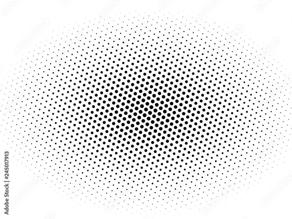Gradient halftone background. Black white radial grunge dots texture. Pop Art circle comic pattern. Abstract radial geometric vector pattern. Template for presentation flyer, business cards, stickers
